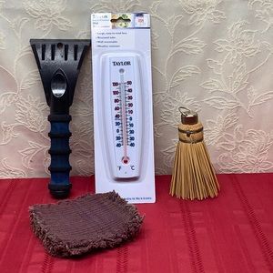 Assorted bundle includes Thermometer, scraper, 5 rustic coasters, and broom.